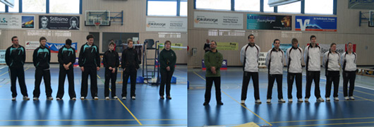 Mannschaftsvorstellung in der Goldbühlhalle TSV Neubiberg und 1. Mannschaft mit Schiedrichter Frederike und Hans Krieger